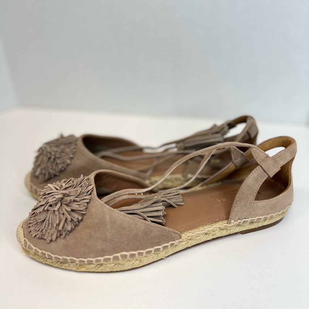 Aquazzura Flat Sunshine Espadrilles Suede Pom Pom Tie Womens EU 38 NWOB